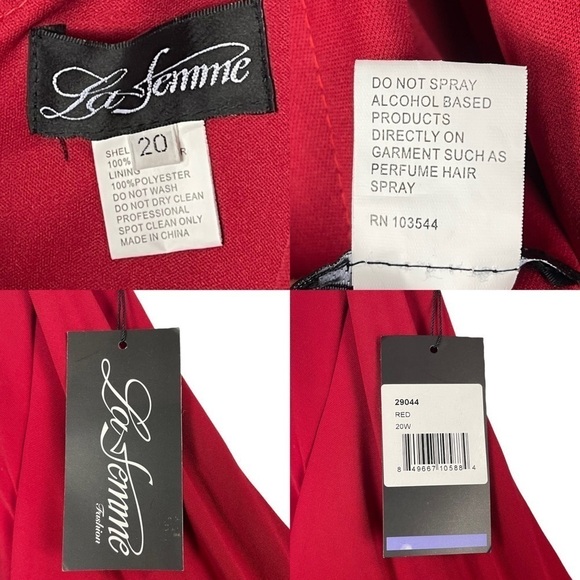 LA FEMME 29044 RED LONG SLEEVE STRETCH FAUX WRAP SURPLICE THIGH HIGH SLIT GOWN - Picture 13 of 14